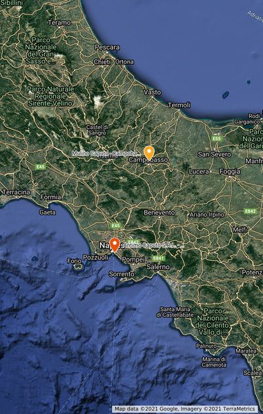 A map of Italy with markers for Naples and Campobasso